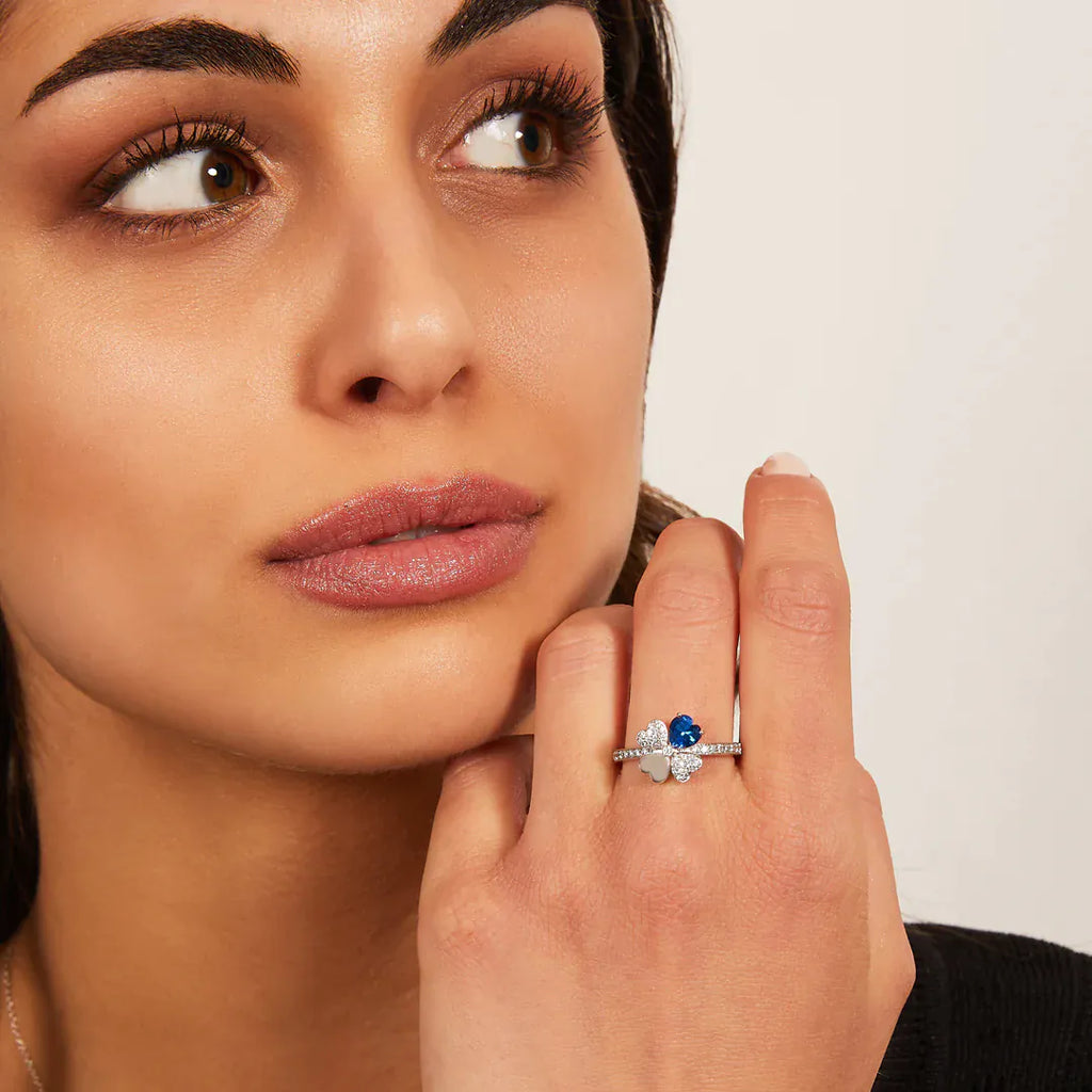 Anello Amen Quadricuore Argento 925  Rodio e Zirconi Bianchi e Blu RQUBBL-14