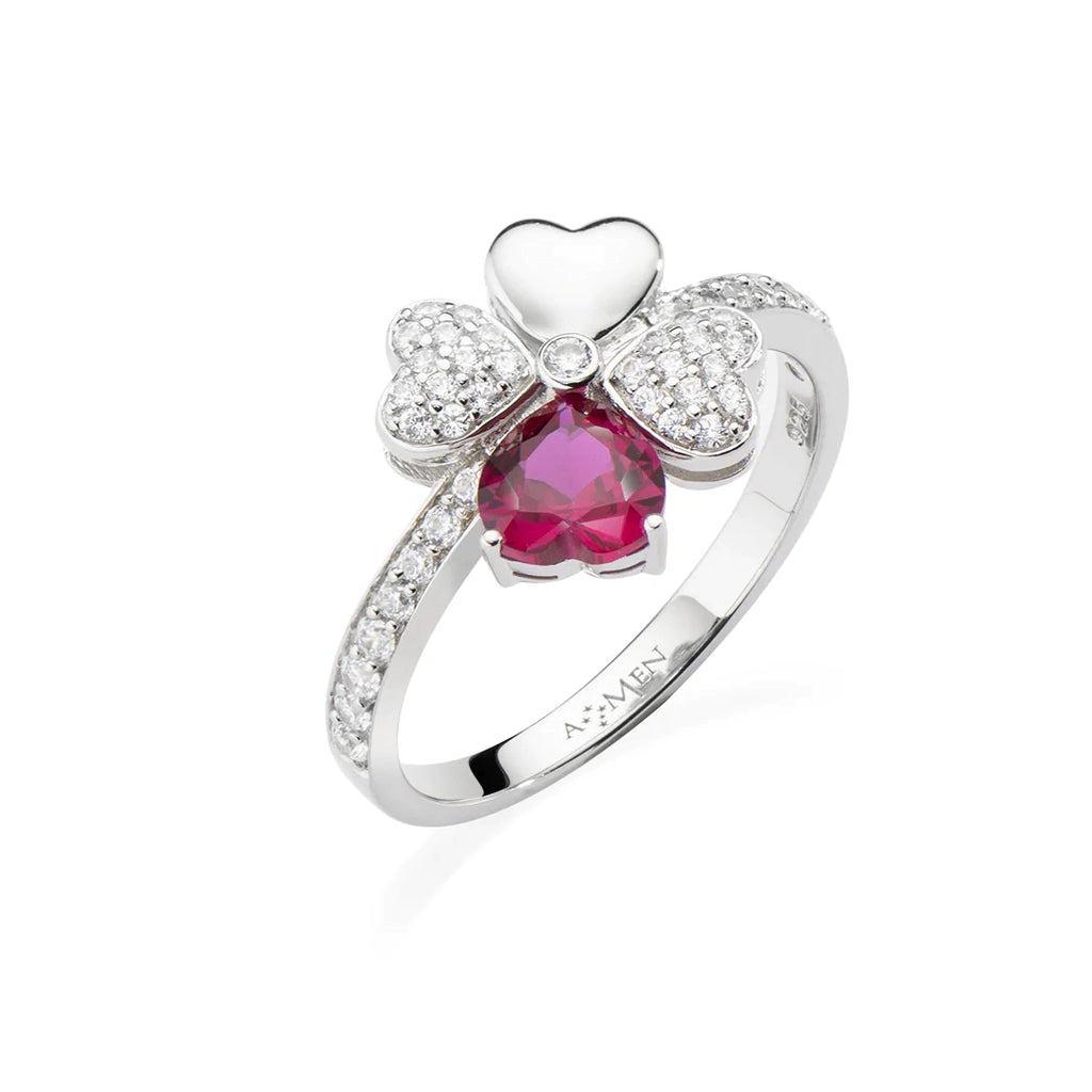 Anello Amen Quadricuore Rodio e Zirconi Bianchi e Rubino Argento 925 RQUBR-16
