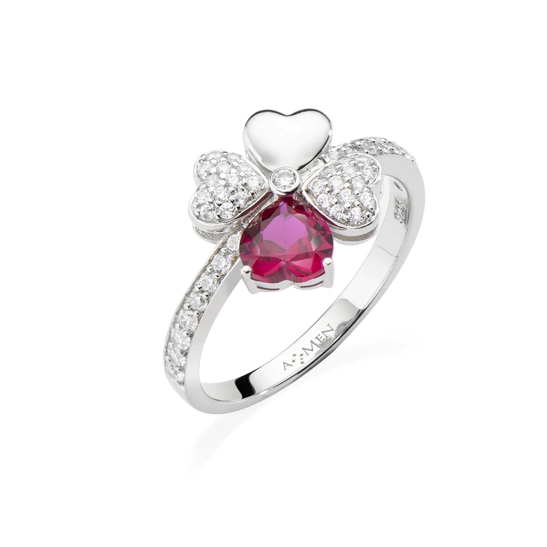 Anello Amen Quadricuore Rodio e Zirconi Bianchi e Rubino Argento 925 RQUBR-16