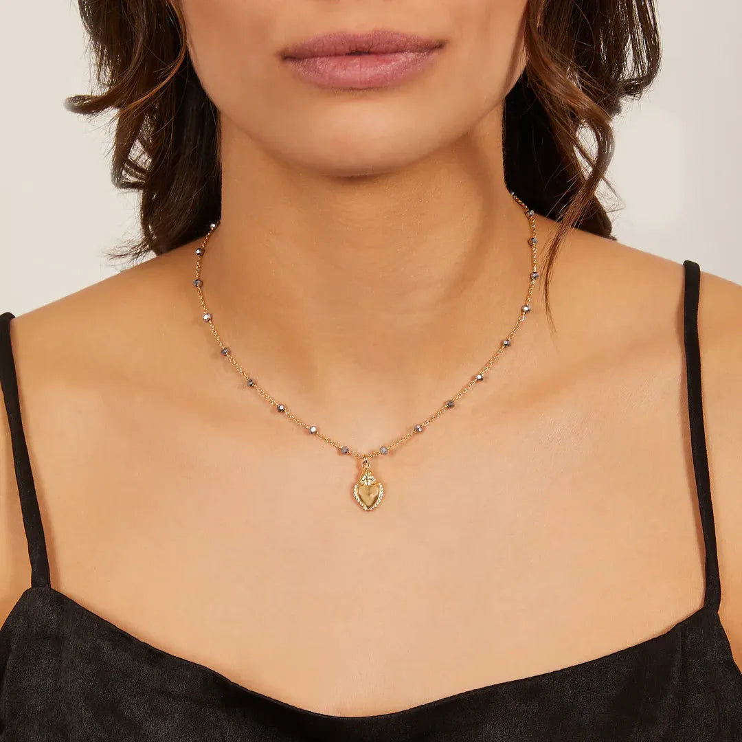 Collana Amen Dorata Sacro Cuore con Cristalli Grigi Argento 925 CLSCGGG