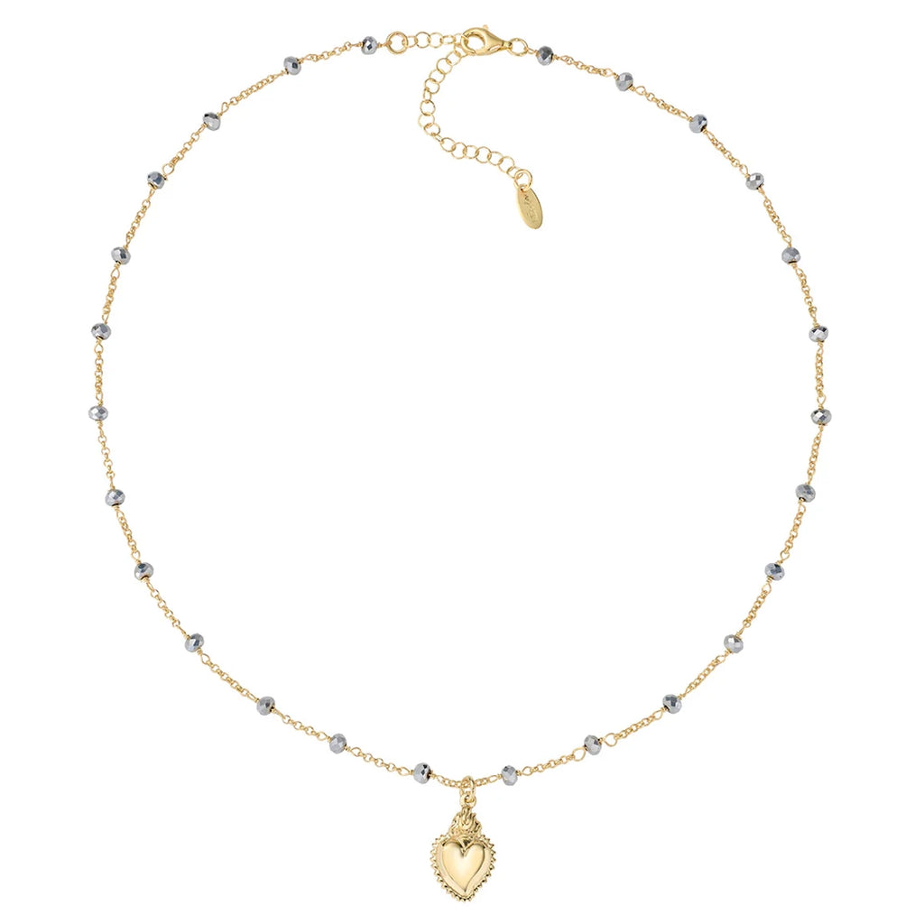 Collana Amen Dorata Sacro Cuore con Cristalli Grigi Argento 925 CLSCGGG