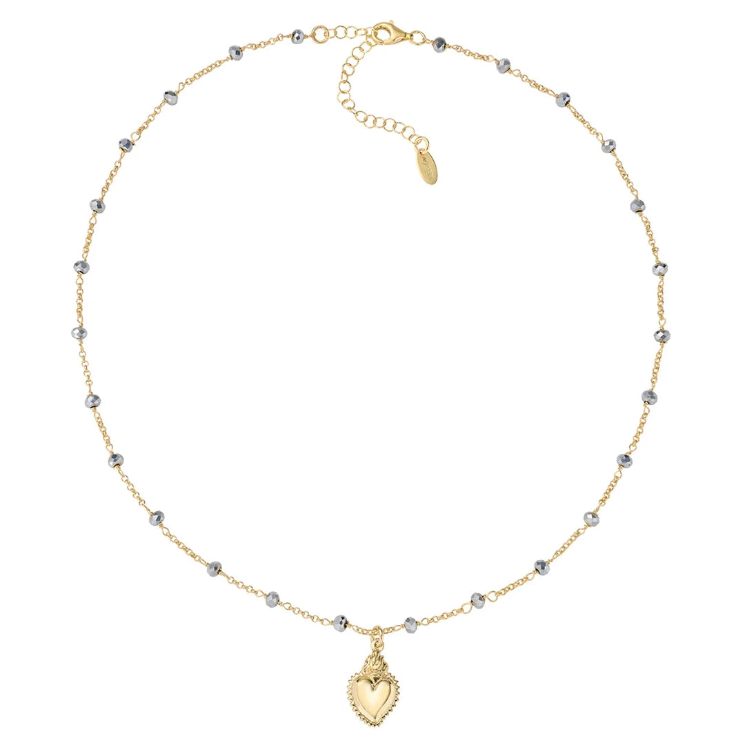 Collana Amen Dorata Sacro Cuore con Cristalli Grigi Argento 925 CLSCGGG