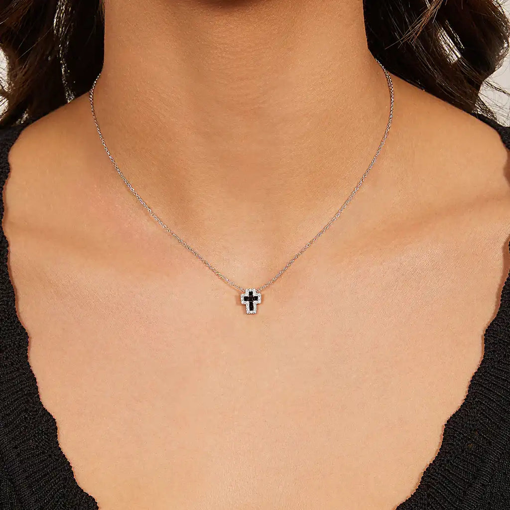 Collana Amen Mini Doppia Croce con Zirconi Bianchi e Neri Argento 925 CLCRREBBNZ3