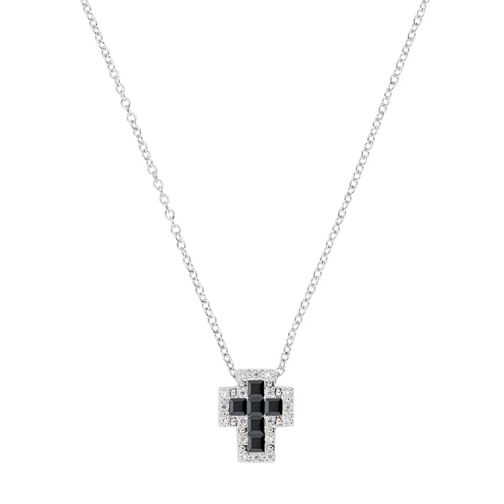Collana Amen Mini Doppia Croce con Zirconi Bianchi e Neri Argento 925 CLCRREBBNZ3