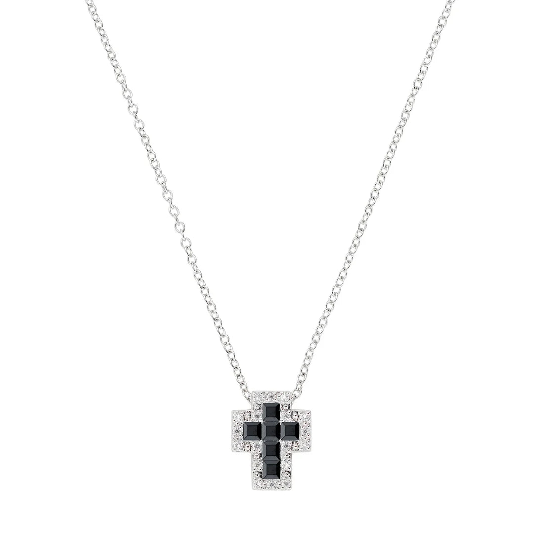 Collana Amen Mini Doppia Croce con Zirconi Bianchi e Neri Argento 925 CLCRREBBNZ3