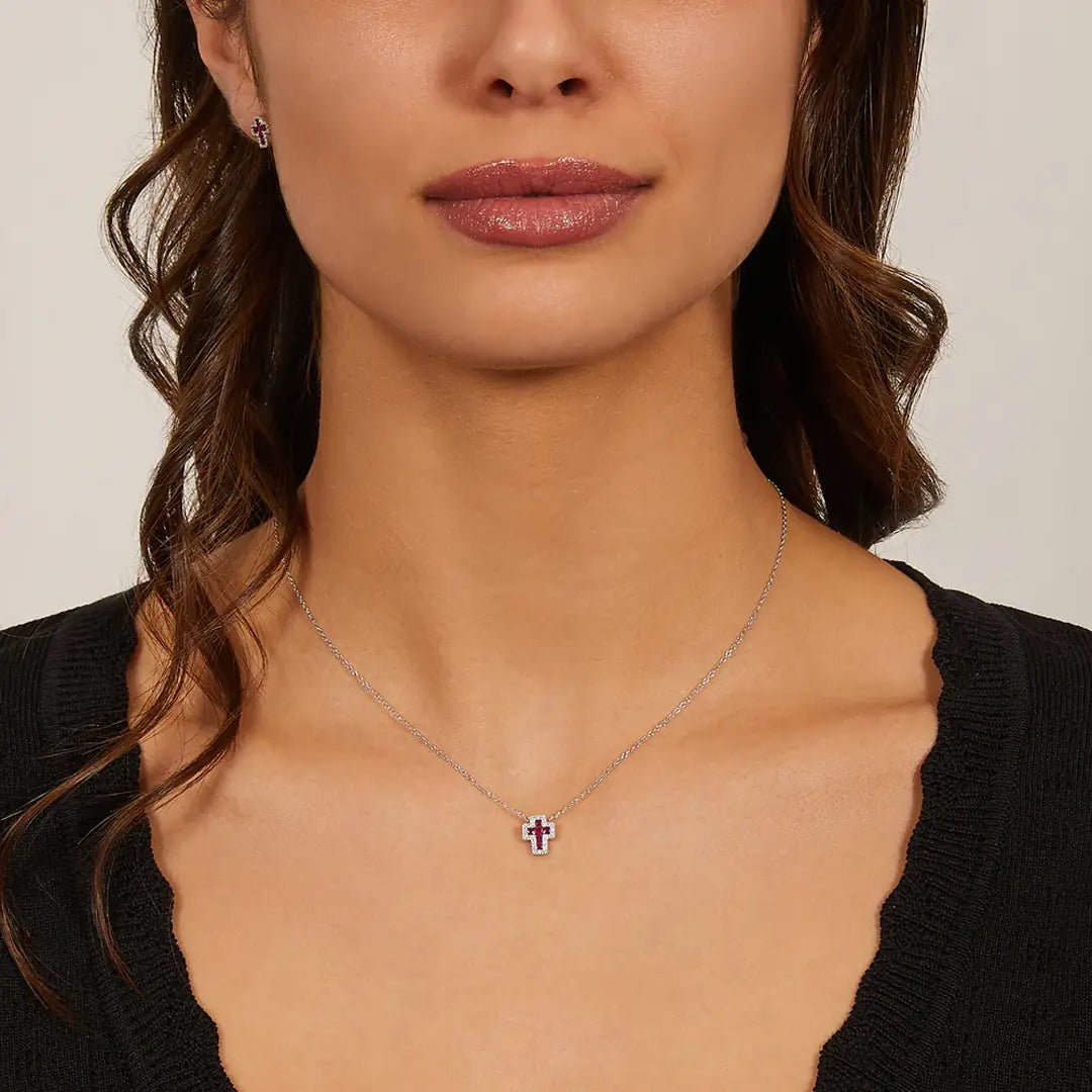 Collana Amen Mini Doppia Croce con Zirconi Bianchi e Rubino Argento 925 CLCRREBBRZ3