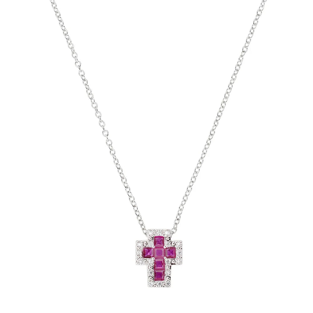 Collana Amen Mini Doppia Croce con Zirconi Bianchi e Rubino Argento 925 CLCRREBBRZ3