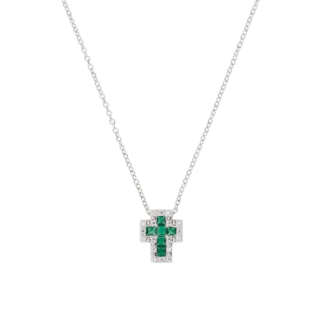 Collana Amen Mini Doppia Croce con Zirconi Bianchi e Verde Argento 925 CLCRREBBVZ3