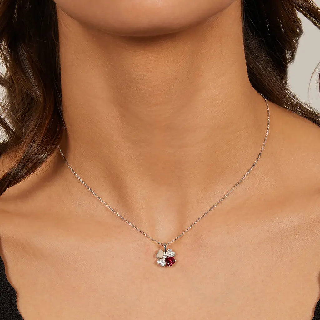 Collana Amen Quadricuore Argento 925 Rodio Zirconi Bianchi e Rossi Rubino CLPQUBR