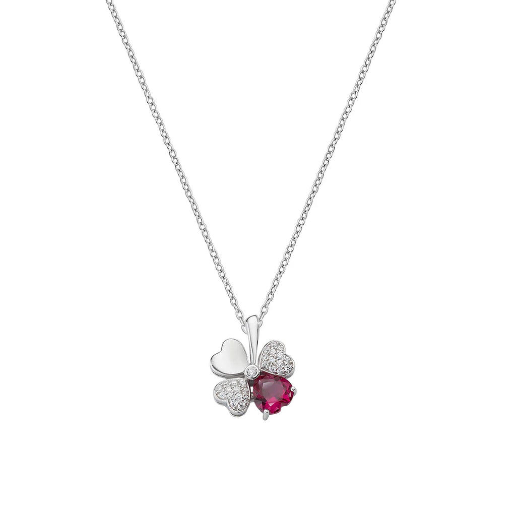 Collana Amen Quadricuore Argento 925 Rodio Zirconi Bianchi e Rossi Rubino CLPQUBR