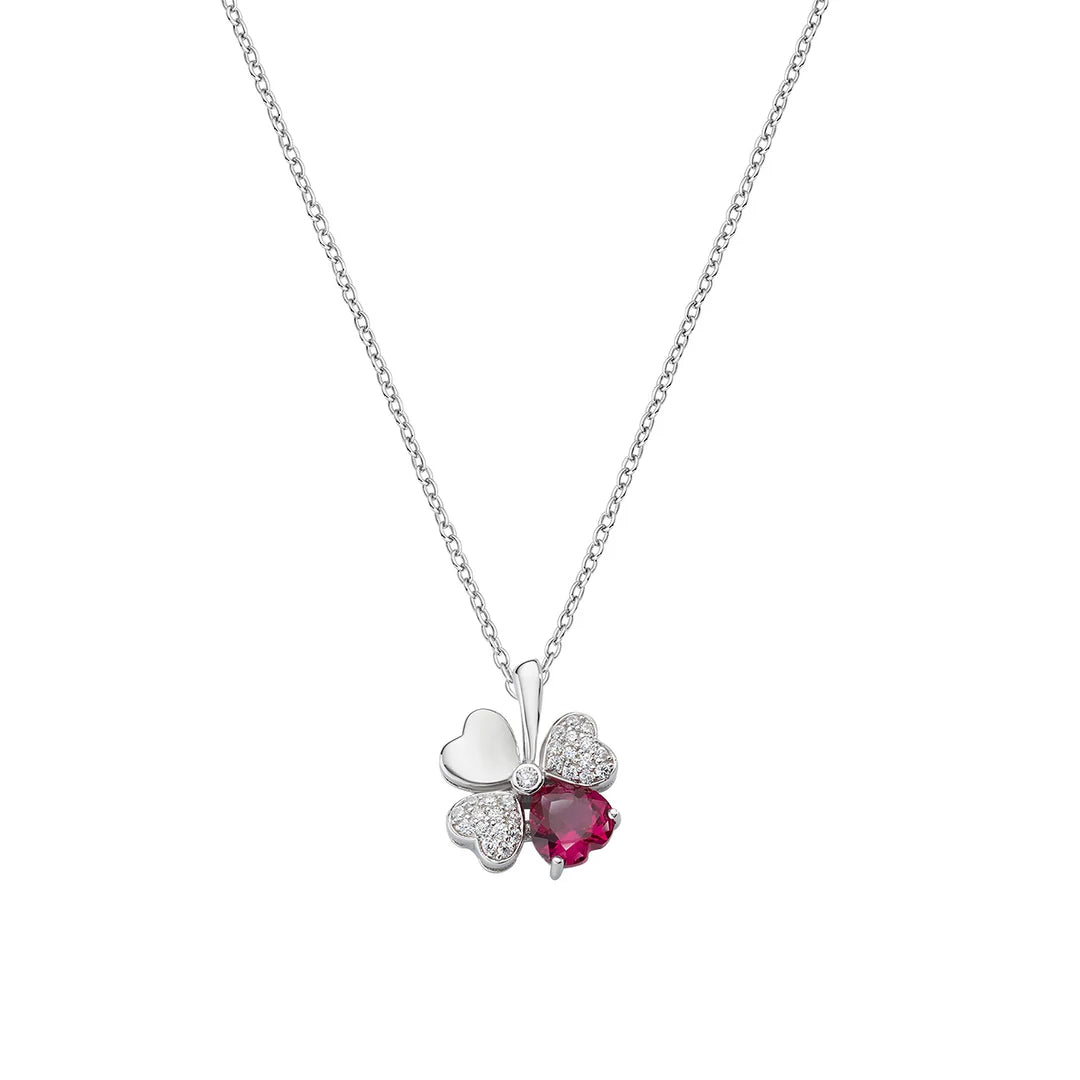 Collana Amen Quadricuore Argento 925 Rodio Zirconi Bianchi e Rossi Rubino CLPQUBR