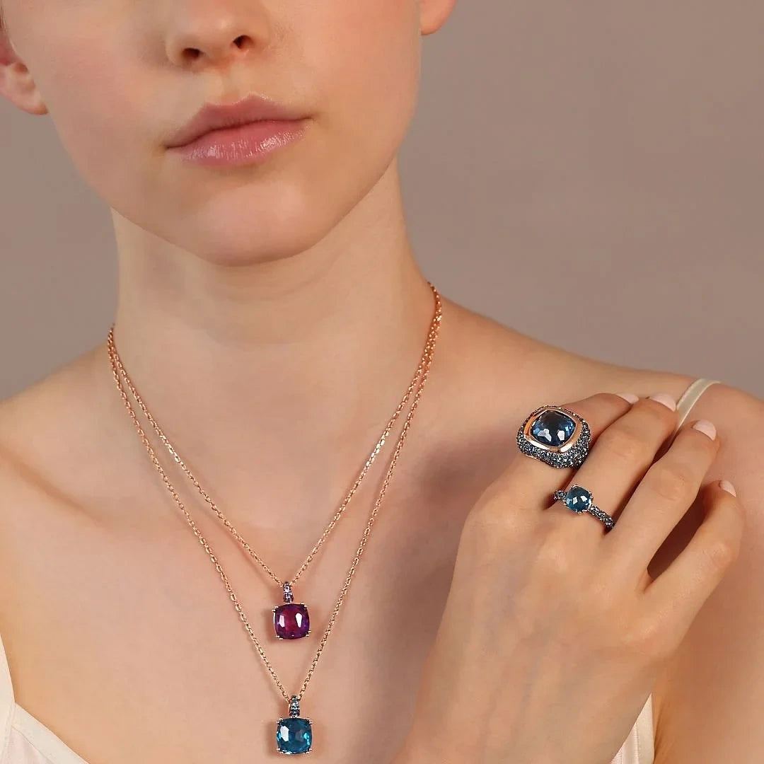 Collana Catena Rolo con Prisma Gem Quadrata e Pavé Blu WSBZ02180.BLUE