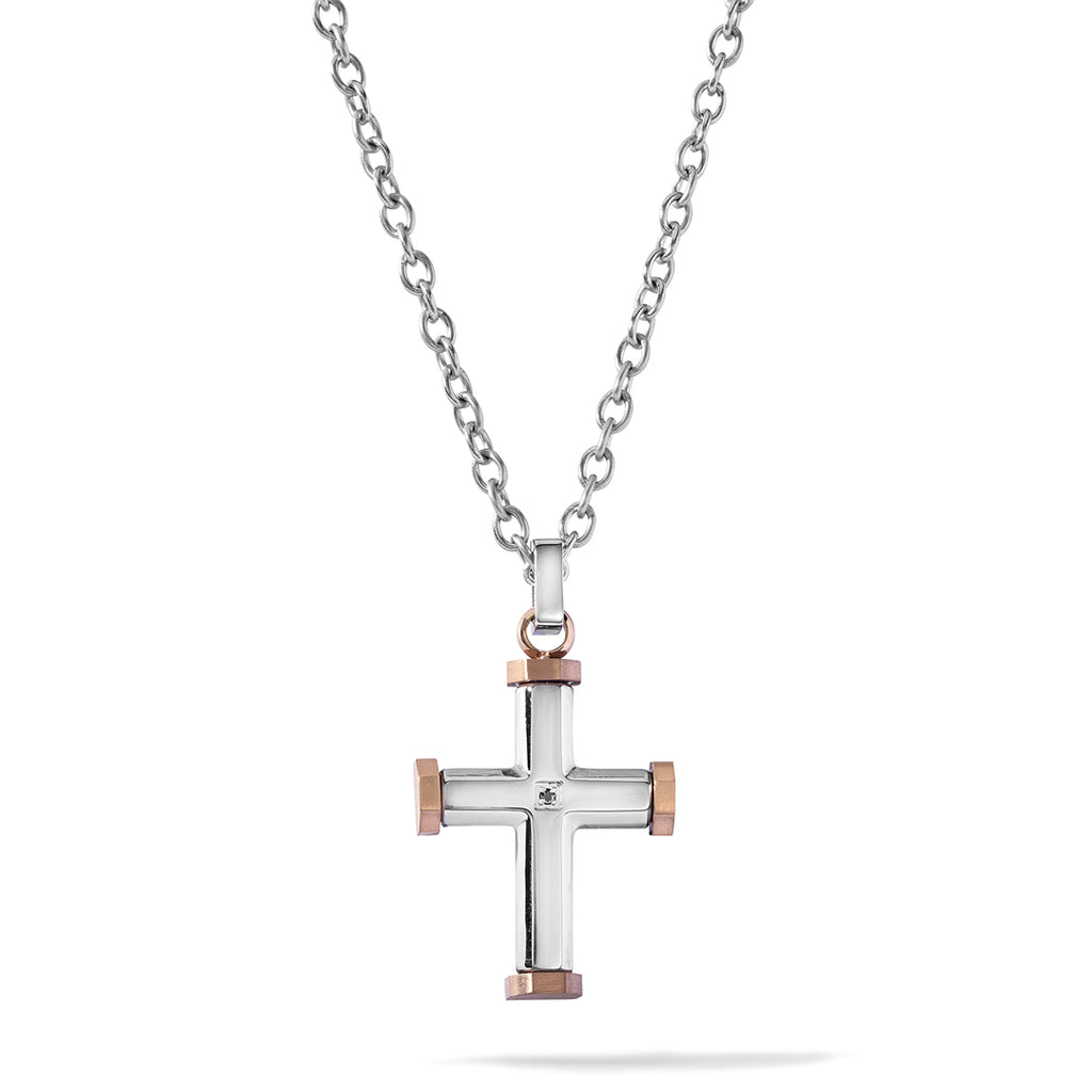 Collana Comete Uomo Croce Acciaio  PVD Rosè e Zircone Nero UGL 757