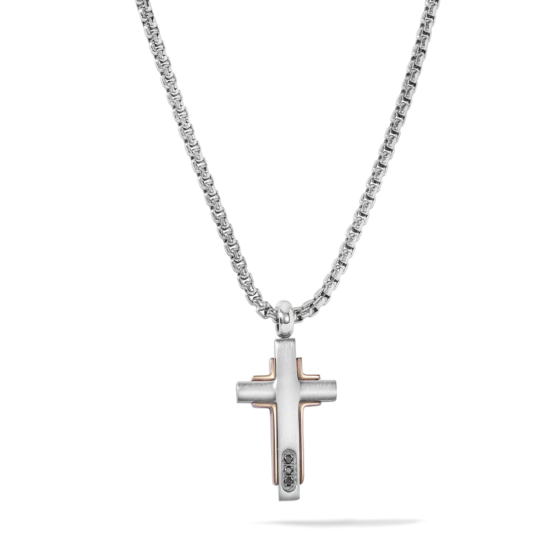 Collana Comete Uomo Croce Acciaio PVD Rosè e Zirconi Neri UGL 755