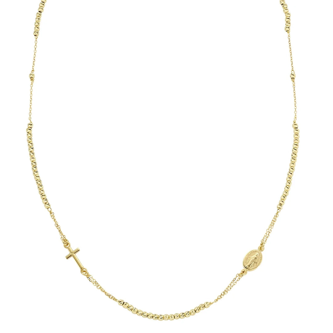 Collana Girocollo Amen Croce e Miracolosa con Sfere Diamantate Argento 925 Dorata CLCRMIGGD3