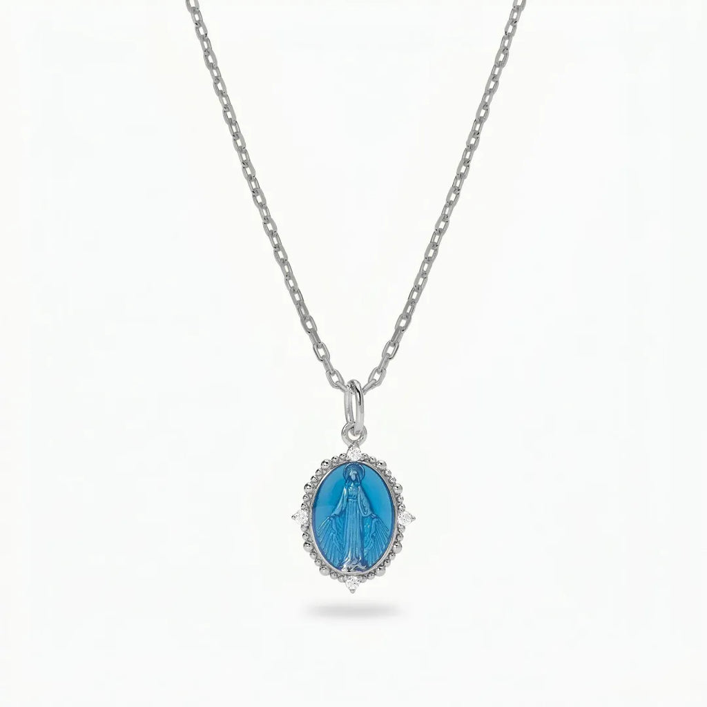 Collana Medaglia Miracolosa in Argento 925 con Smalto blu e Zirconi CLMIPUSMBBL