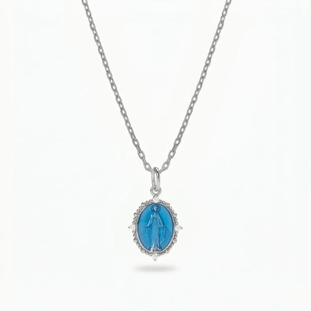 Collana Medaglia Miracolosa in Argento 925 con Smalto blu e Zirconi CLMIPUSMBBL
