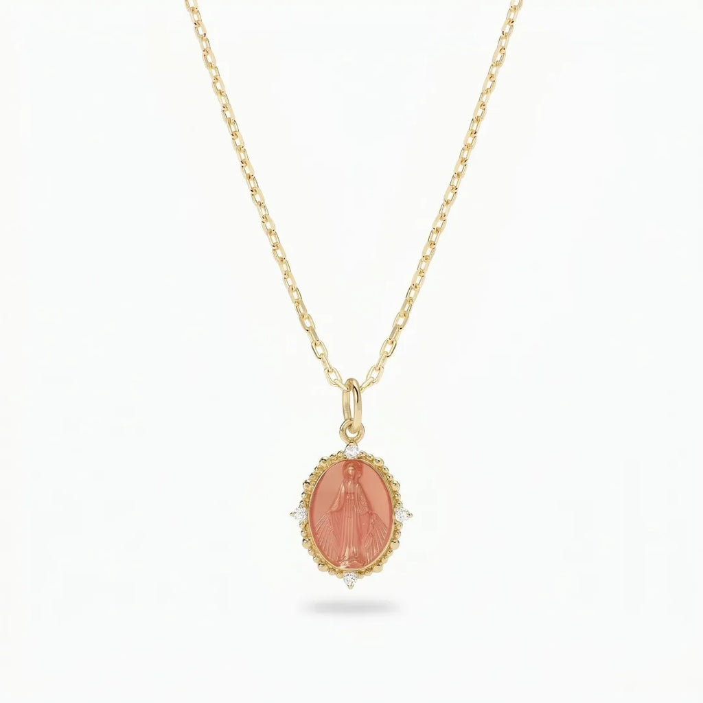 Collana Medaglia Miracolosa in Argento 925 placcato oro 18kt con Smalto pesca e Zirconi CLMIPUSMGP