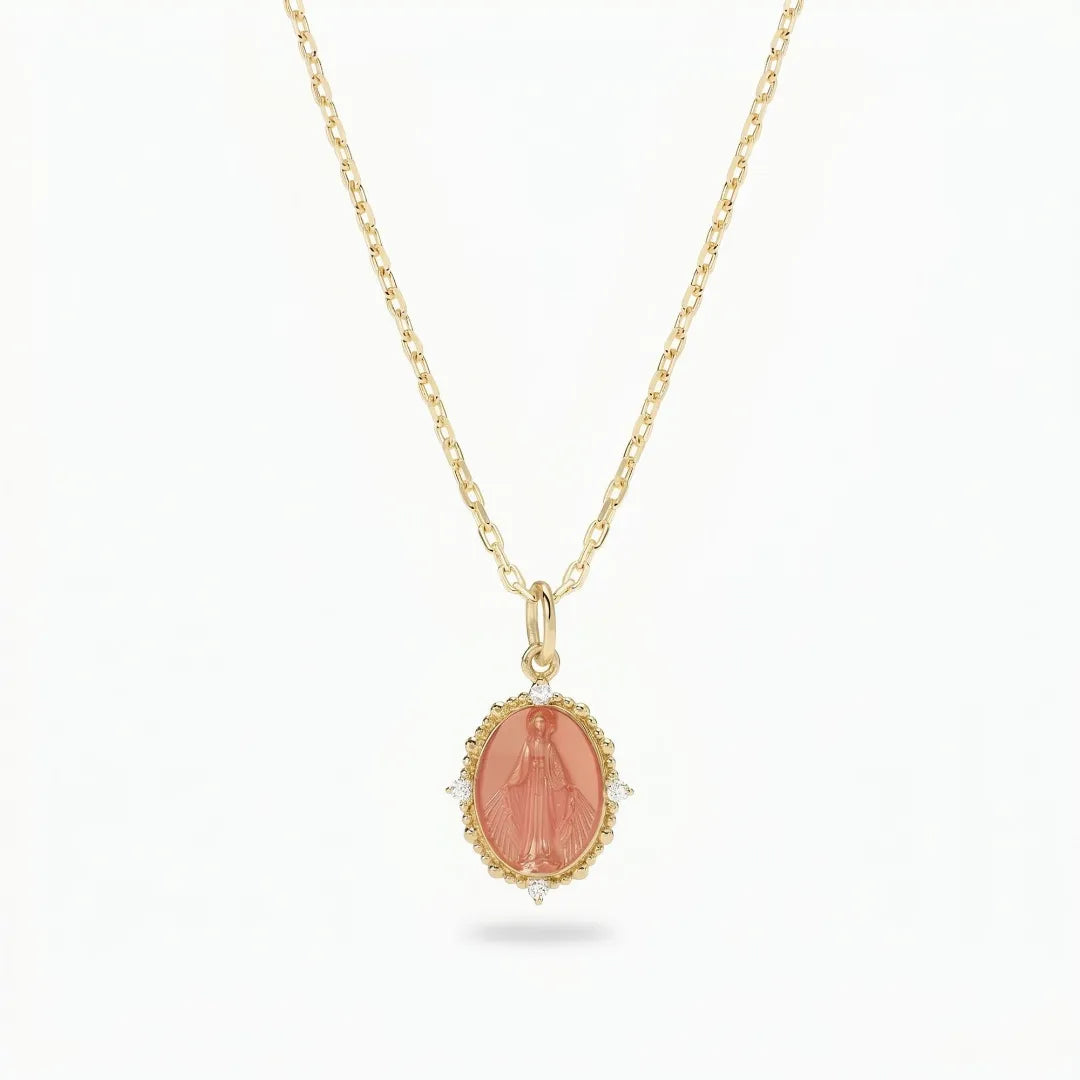 Collana Medaglia Miracolosa in Argento 925 placcato oro 18kt con Smalto pesca e Zirconi CLMIPUSMGP