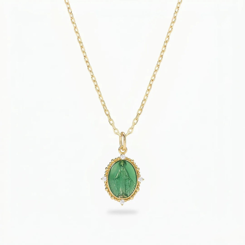Collana Medaglia Miracolosa in Argento 925 placcato oro 18kt con Smalto verde e Zirconi CLMIPUSMGV