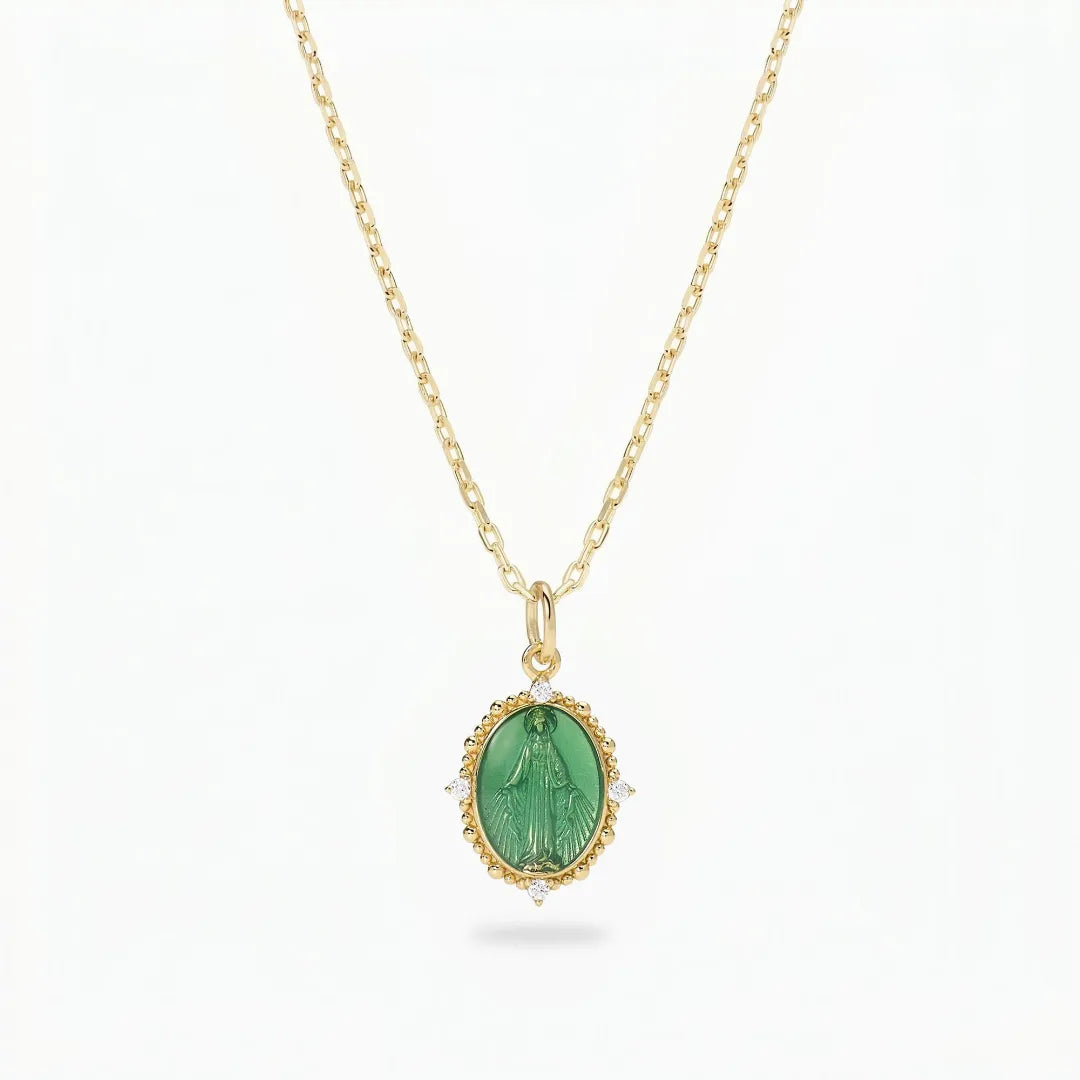Collana Medaglia Miracolosa in Argento 925 placcato oro 18kt con Smalto verde e Zirconi CLMIPUSMGV